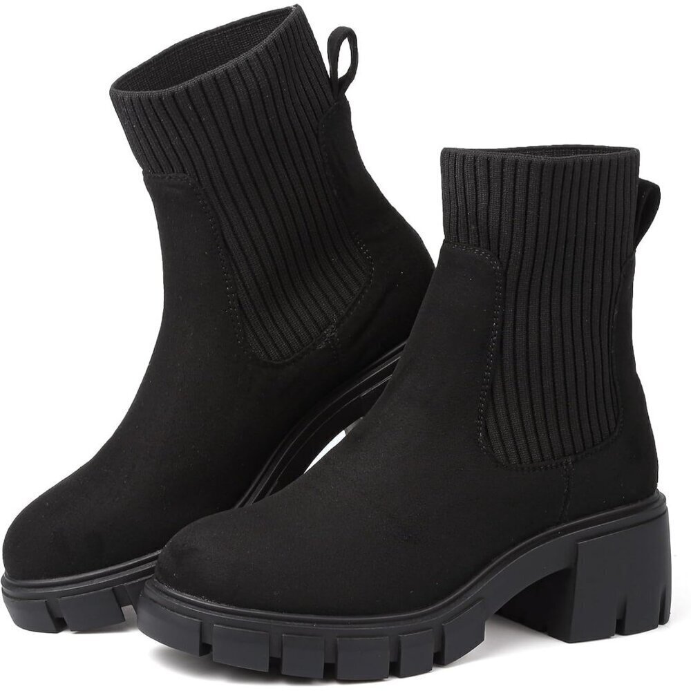 🆕 Women's Chelsea Platform Ankle Boots Black RM PU+PVC - Trendy & Stylish